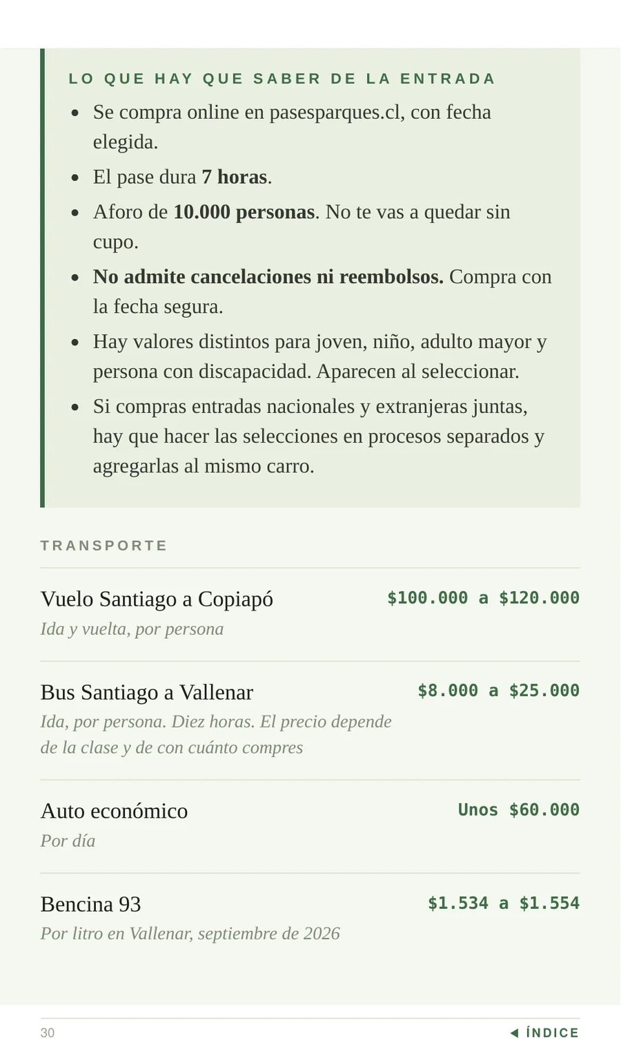 Página de la guía con las reglas de la entrada al parque y los precios de transporte